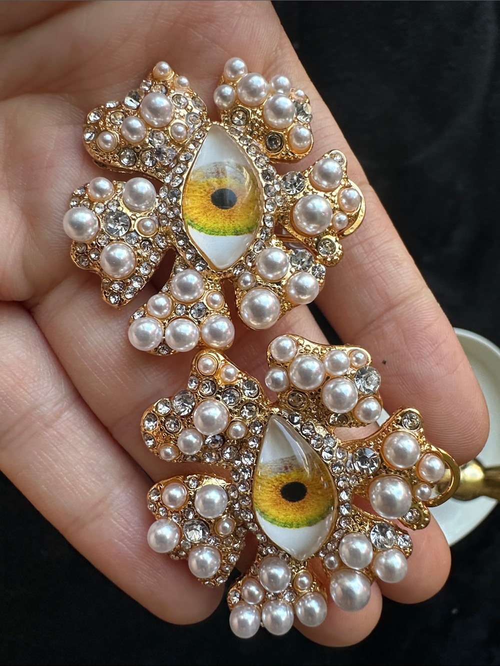 Gold Pearl & Yellow-Green Eye Crystal Statement Earrings - Women's Jewelry